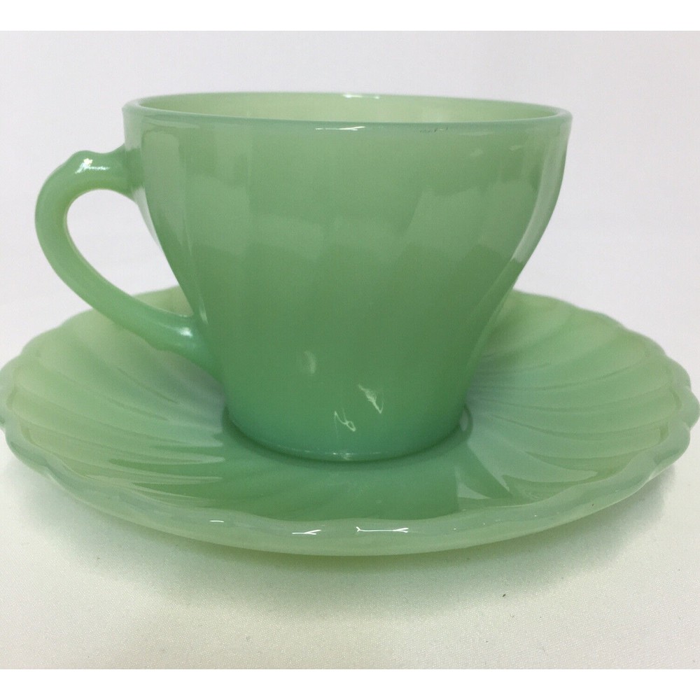 Fire King Jadeite Swirl Shell Oven Ware Cup and Saucer Anchor Hocking Green